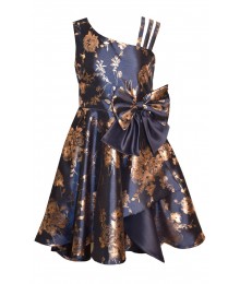 Bonnie Jean Navy/Bronze Foiled One Shoulder Dress 
